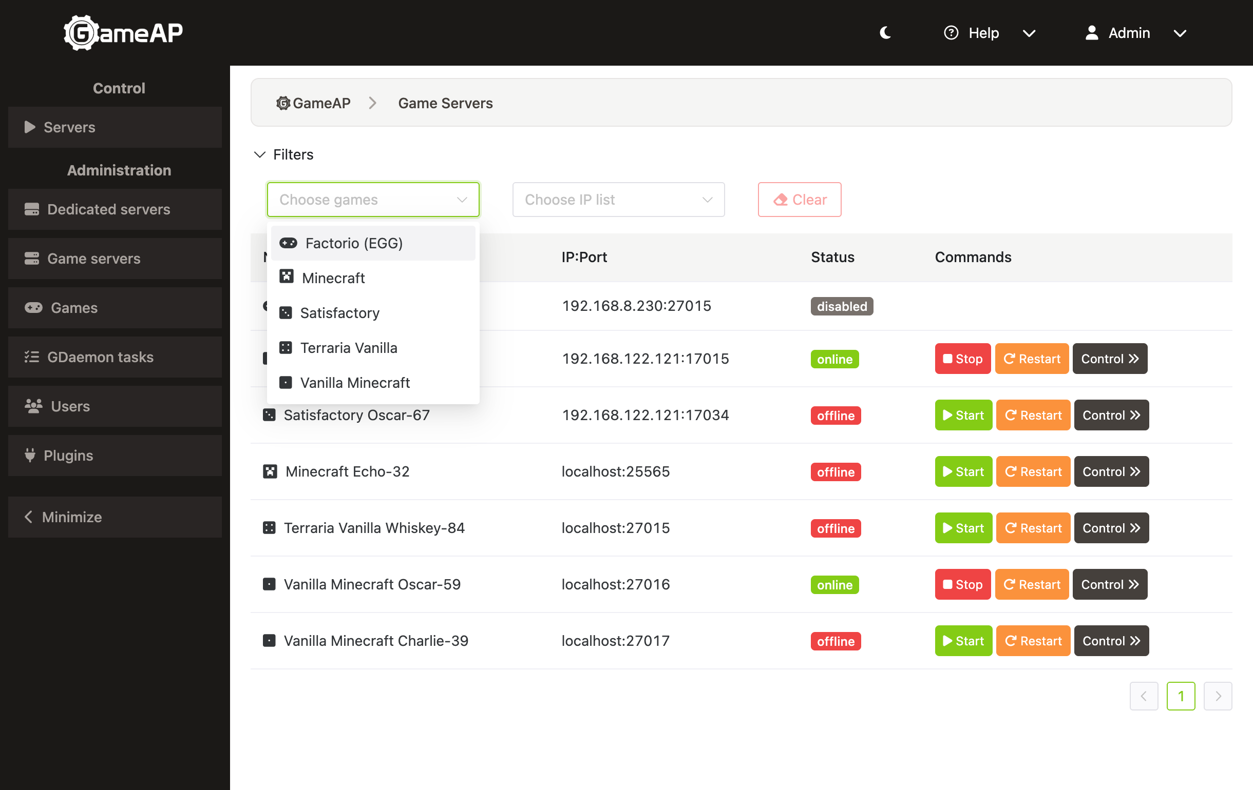 GameAP server management interface